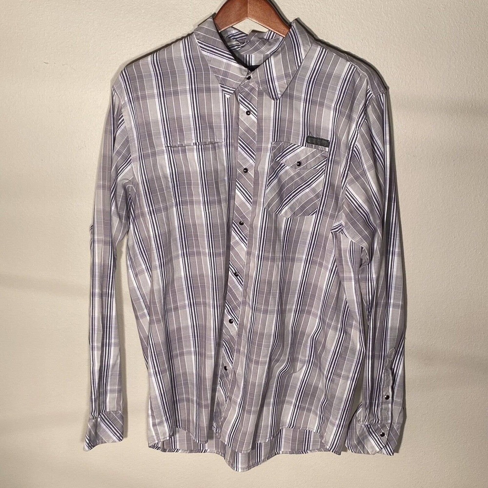 DC Cowboy Equipment Western Pearl Snap Shirt Mens Size XL Grey White Plaid